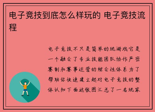 电子竞技到底怎么样玩的 电子竞技流程